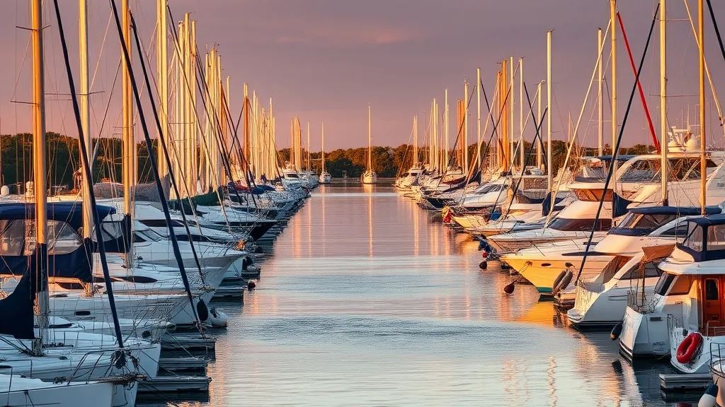 Boats moored at a marina at dusk